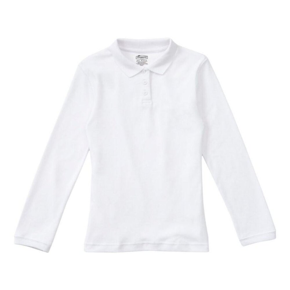 Classroom 58544 Girls Juniors Long Sleeve Fitted Interlock Polo White